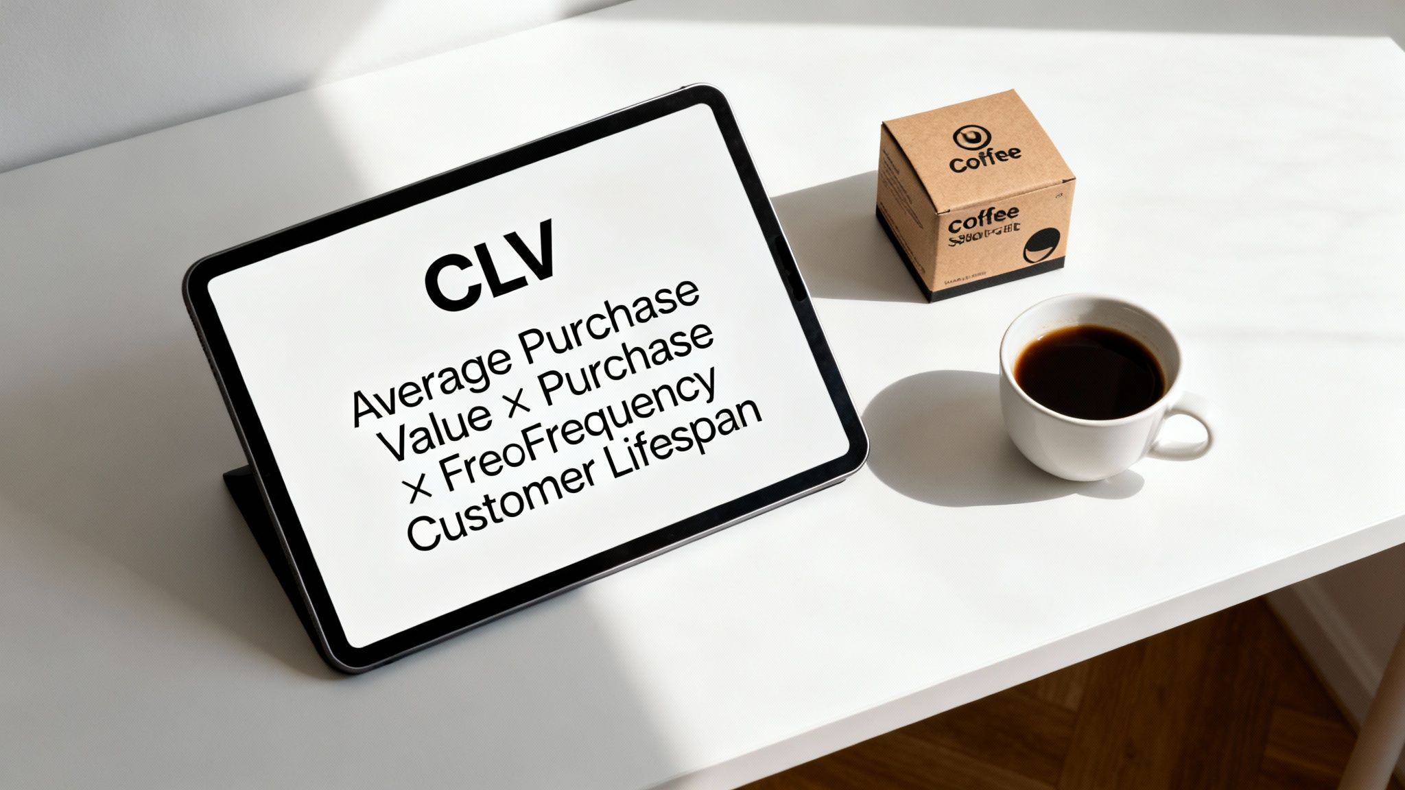 Tablet showing CLV formula, a coffee box, and a cup of coffee on a white desk.