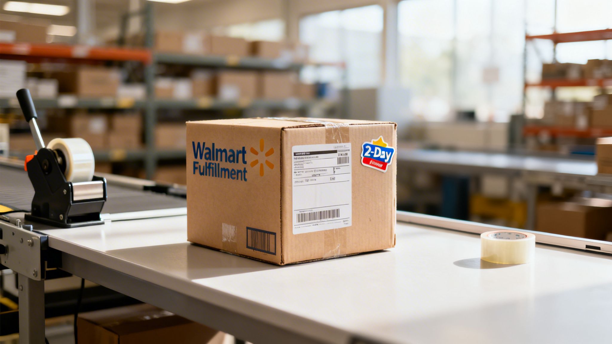 A Walmart Fulfillment box with a 2-Day delivery sticker on a conveyor belt in a warehouse.