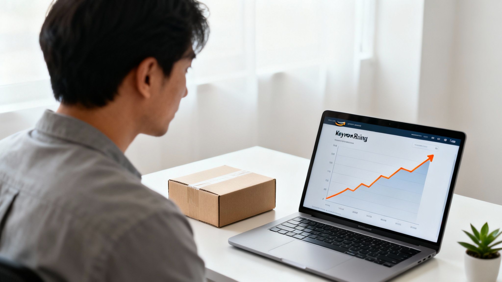 Man observing a laptop displaying an Amazon growth chart, with a delivery box on the desk.