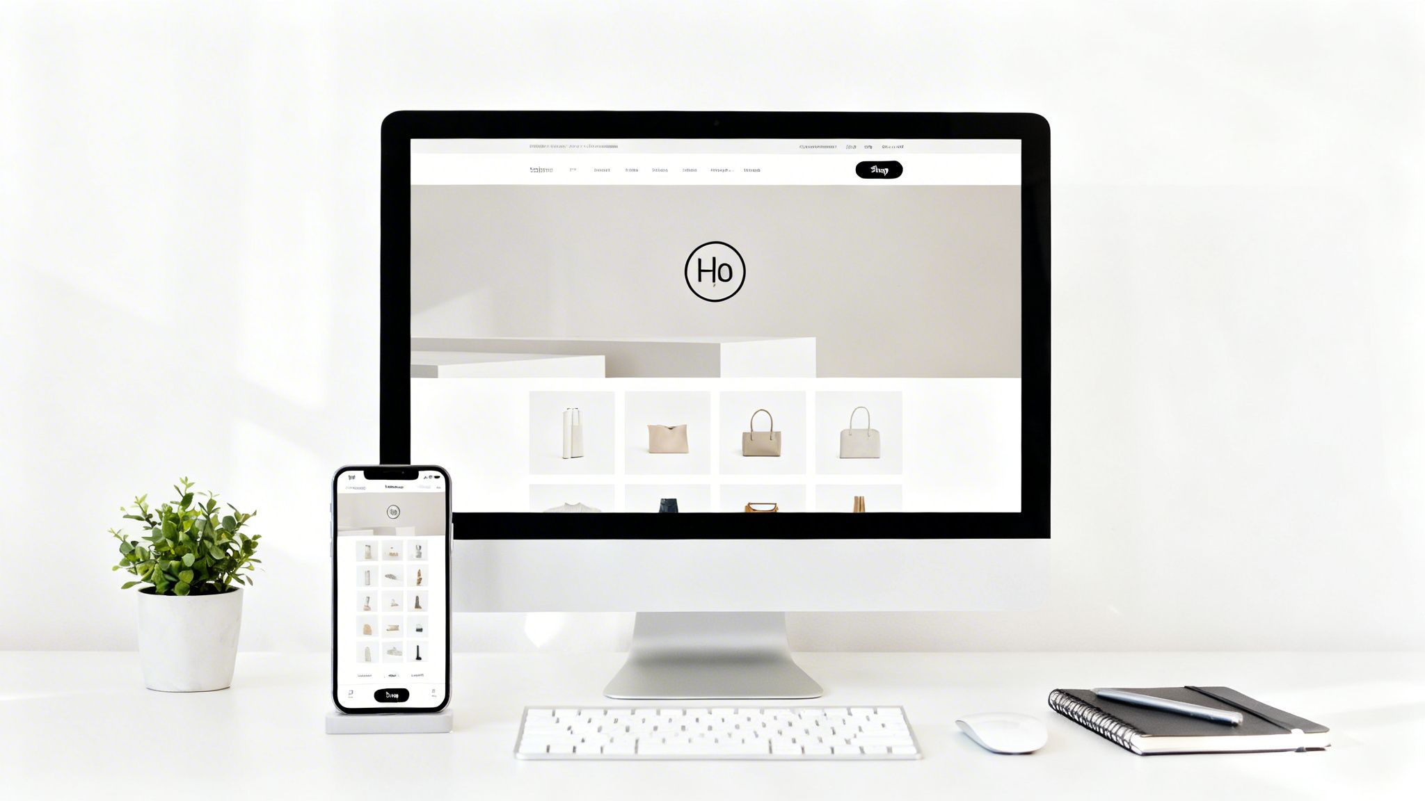 A clean white desk with a desktop monitor and smartphone displaying a minimalist fashion e-commerce website.
