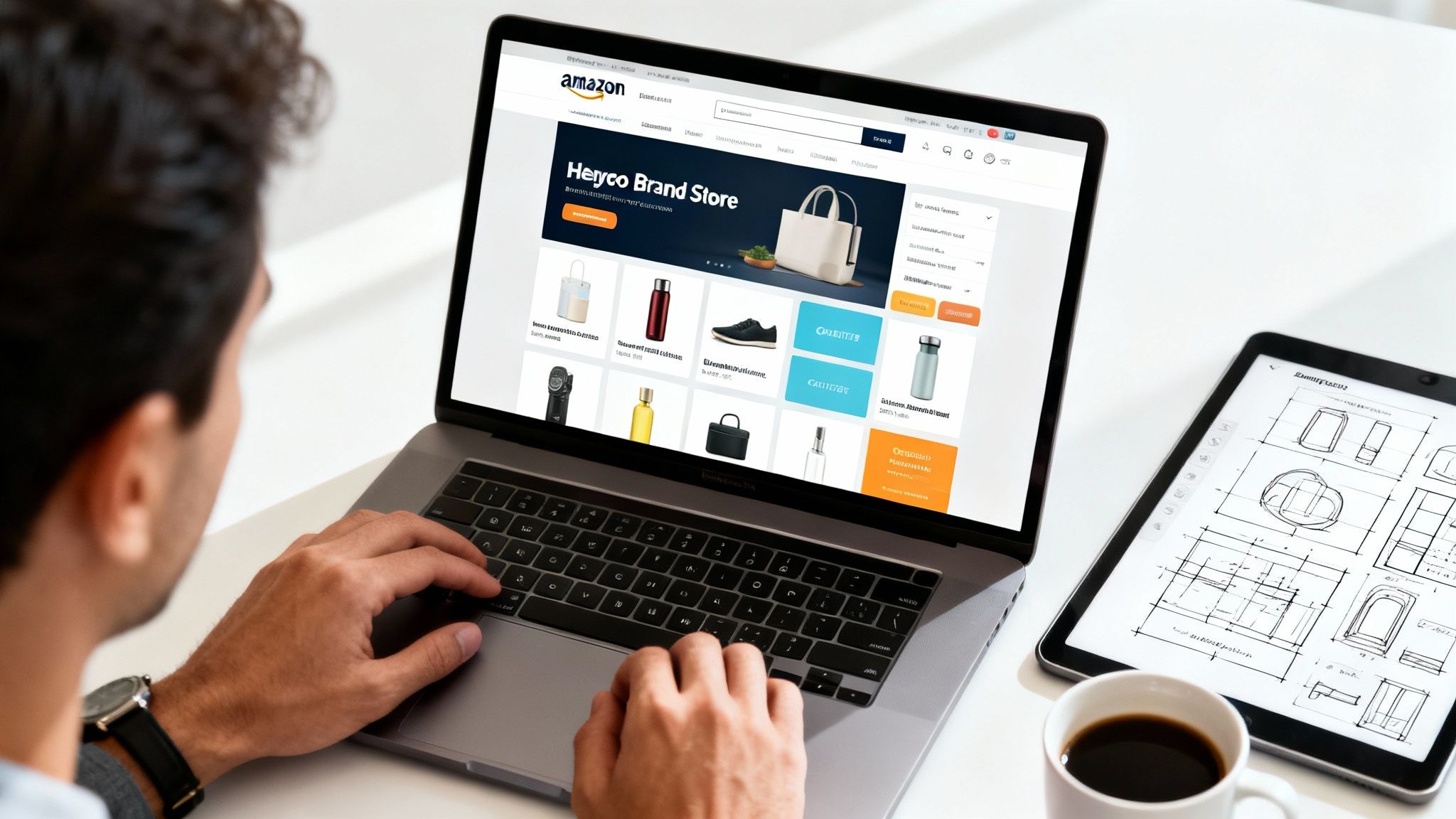 Man browsing an Amazon brand store on a laptop, with product design blueprints on a tablet.