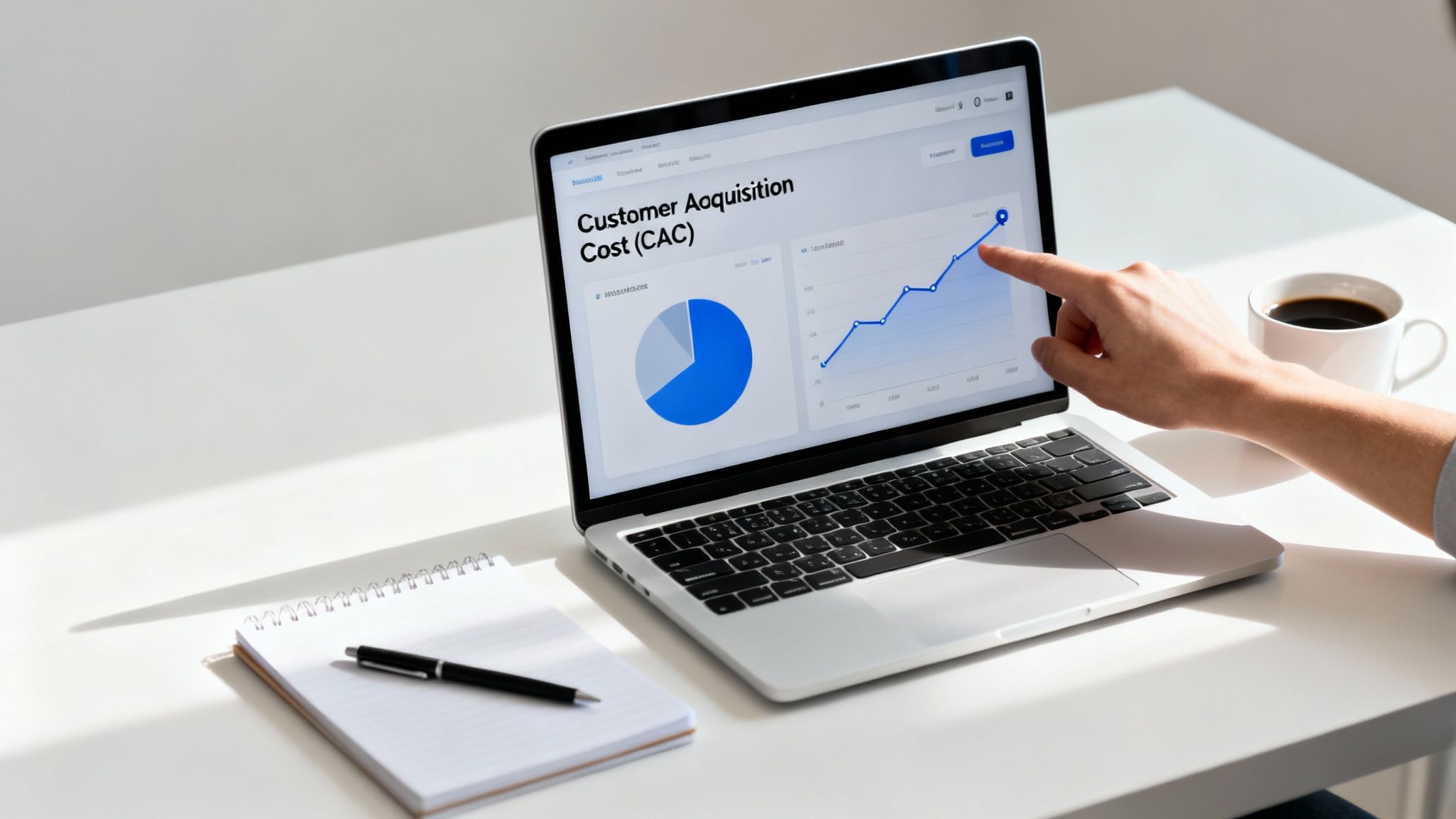 A person analyzing Customer Acquisition Cost (CAC) data on a laptop, with graphs, a coffee cup, and a notebook.