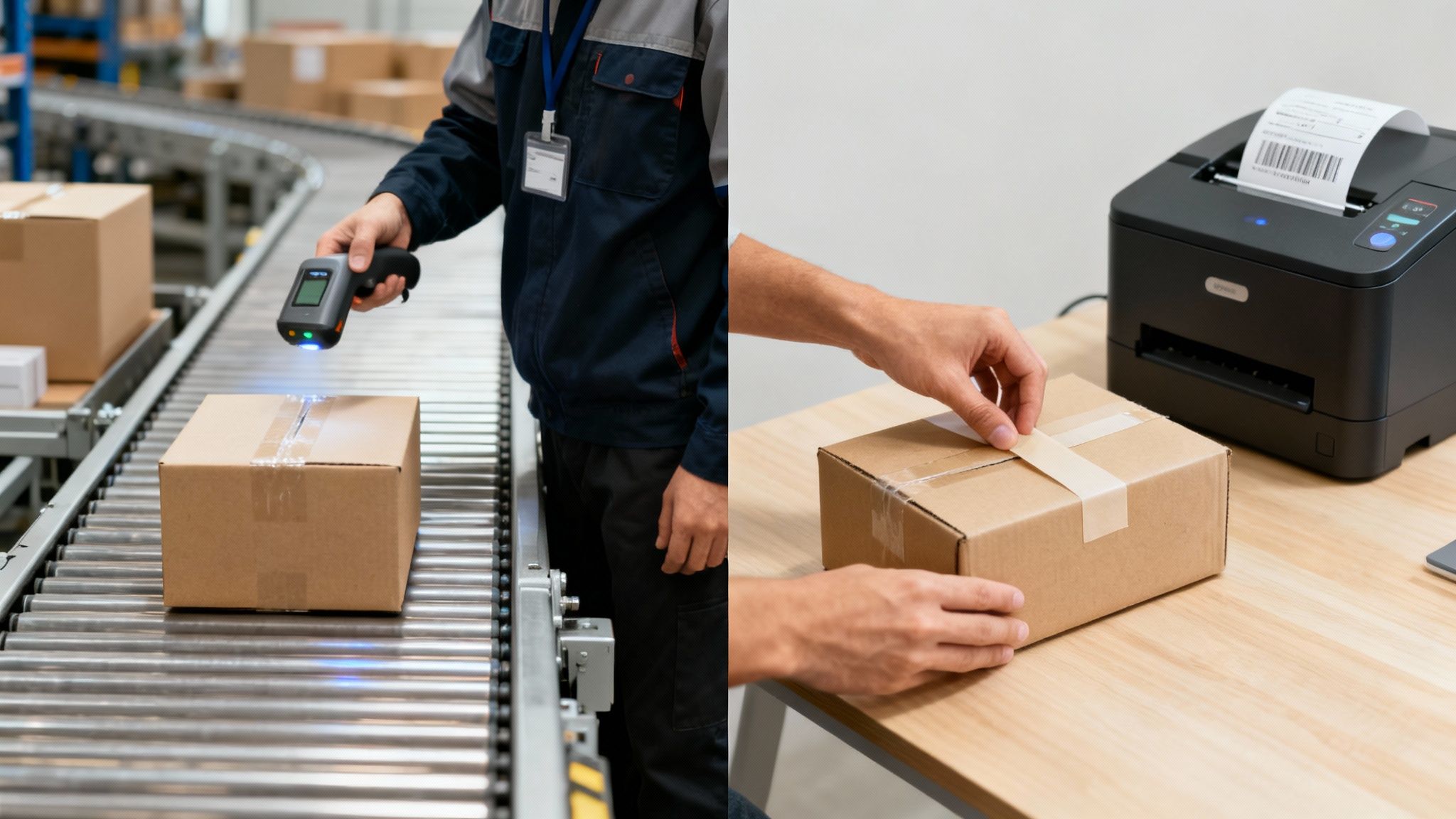 Warehouse worker scanning package on conveyor belt and worker preparing shipment with label printer