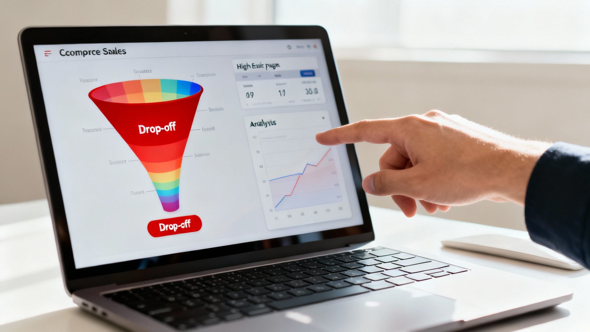 Hand pointing at laptop screen showing e-commerce sales funnel, 'Drop-off' data, and analytics graph.