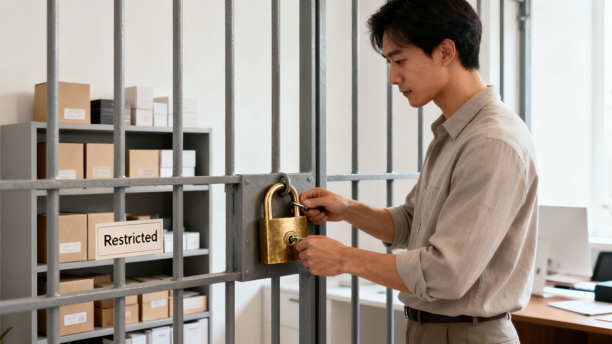 A man carefully unlocks a large golden padlock on a metal security gate, with 'Restricted' labeled boxes visible behind.