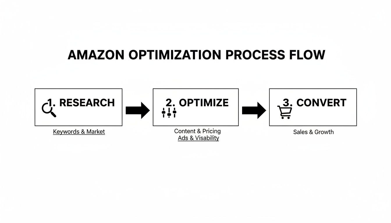 Amazon optimization process flow illustrating three steps: Research, Optimize, and Convert for sales growth.