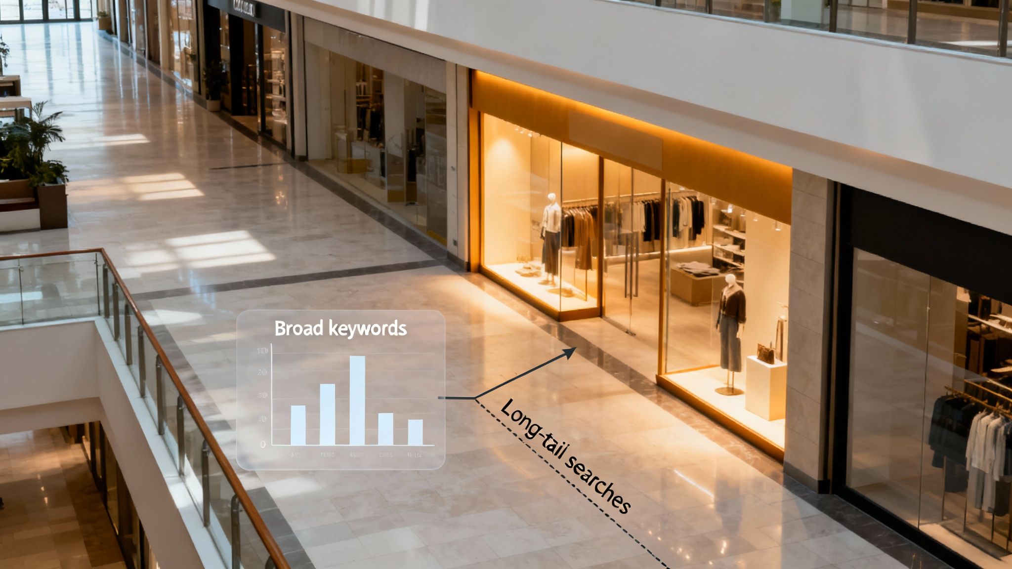 A bar chart of 'Broad keywords' points to a fashion store labeled 'Long-tail searches' in a modern mall.