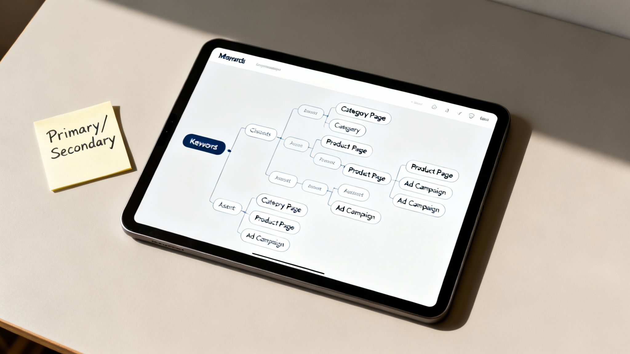 A tablet displays a detailed keyword mind map with product pages, categories, and ad campaigns, next to a 'Primary/Secondary' sticky note.
