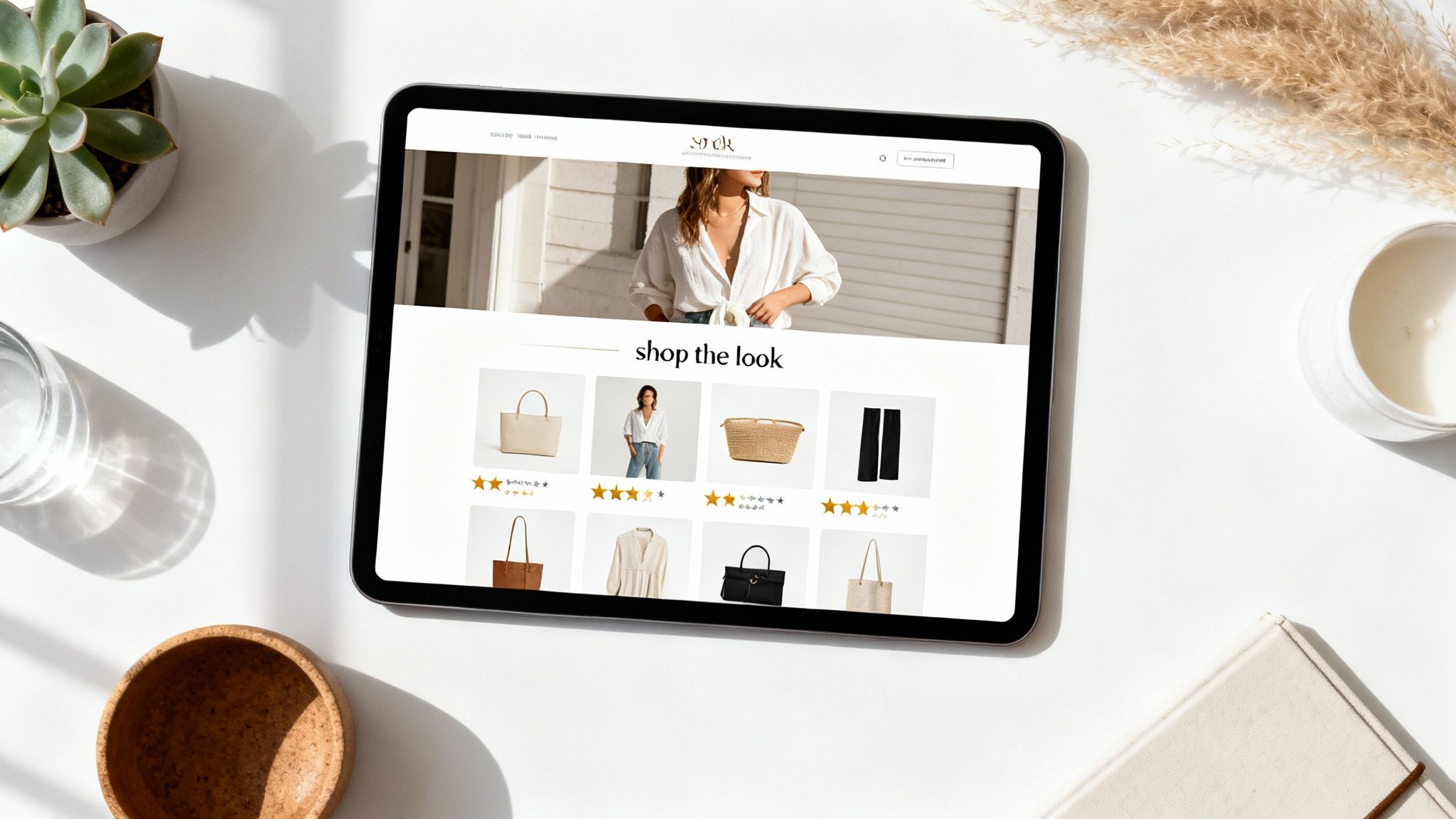A tablet displays an e-commerce website with 'shop the look' products, surrounded by minimalist decor.