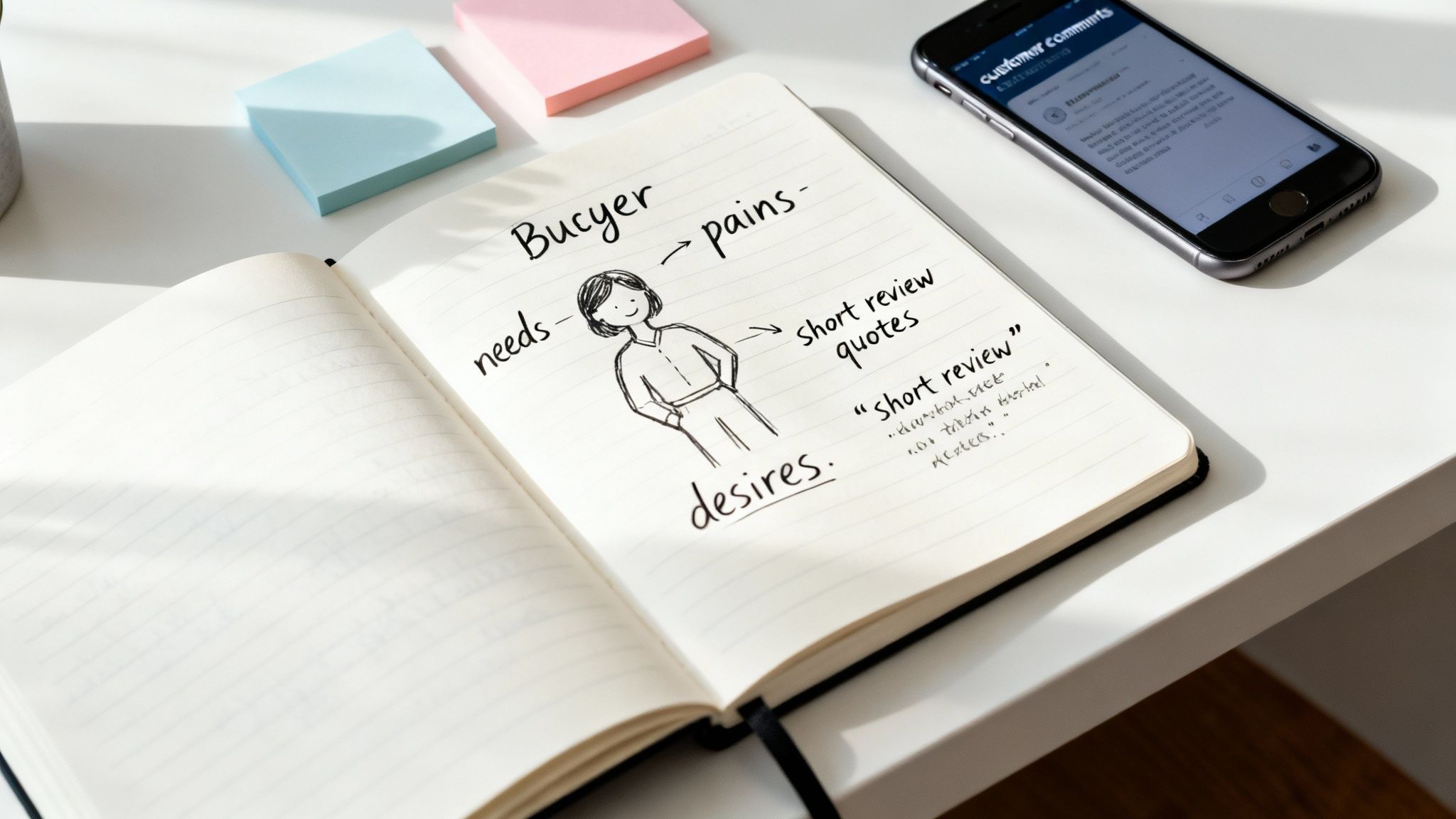 A notebook with a handwritten buyer persona analysis and short review quotes, next to a smartphone showing customer comments.