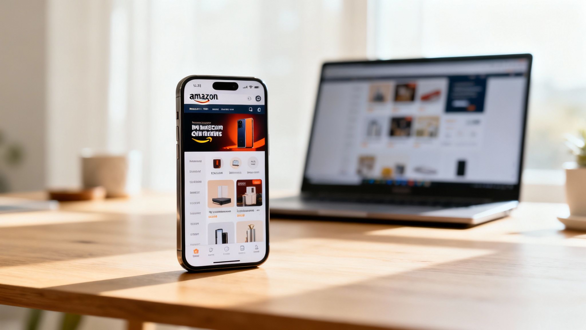 A smartphone displays the Amazon app on a wooden desk with a blurred laptop and natural light.