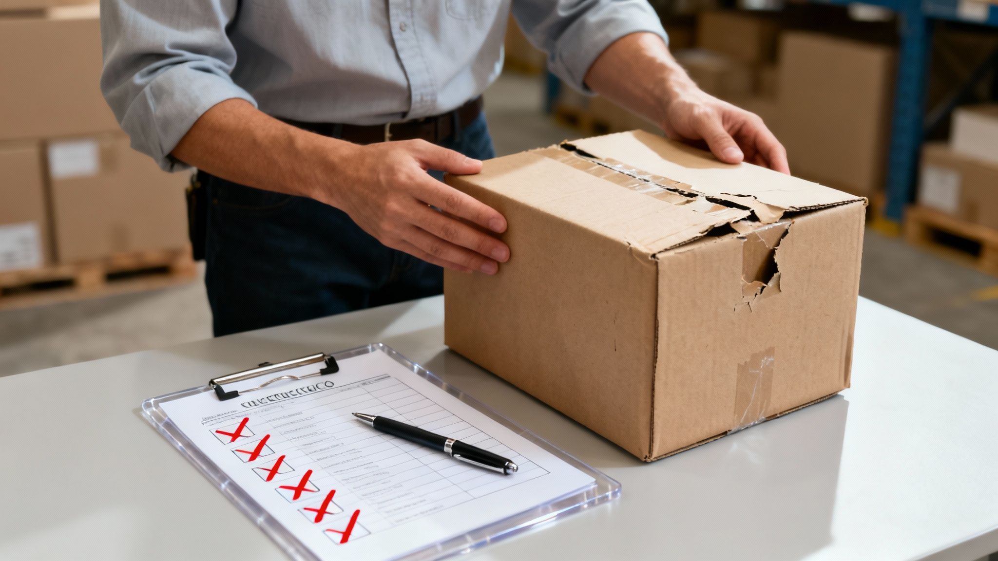 A person inspects a damaged cardboard box on a table next to a checklist in a warehouse.