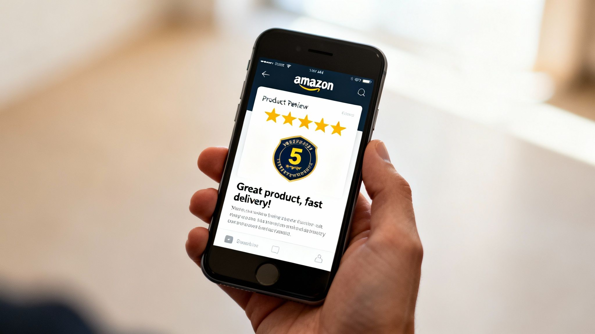 Hand holding a smartphone displaying a 5-star Amazon product review.