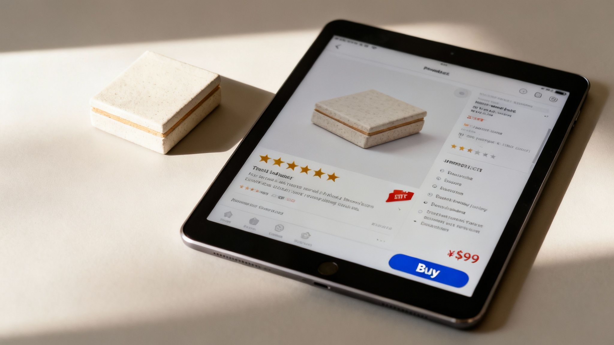 A tablet displays an online marketplace selling a small, textured box, with the actual product beside it.