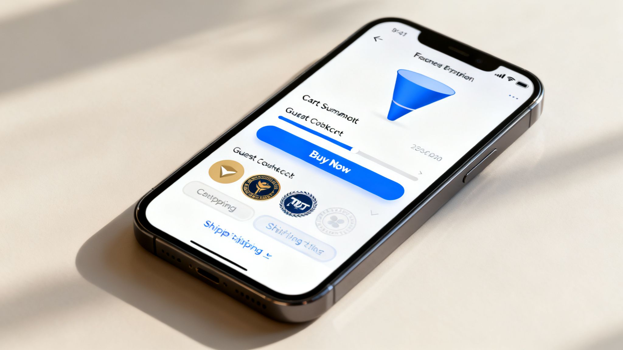 Close-up of an iPhone displaying an e-commerce sales funnel and checkout process with a 'Buy Now' button.