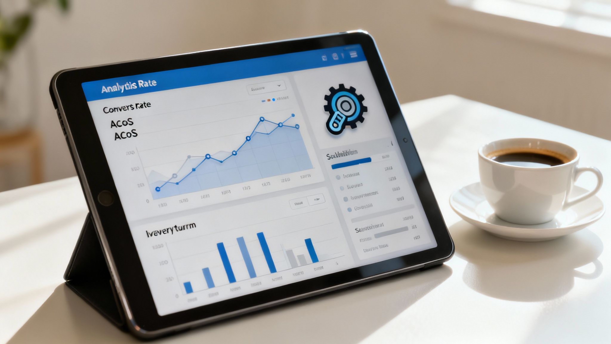 Tablet displaying analytics dashboard with conversion rate graphs and metrics next to coffee cup