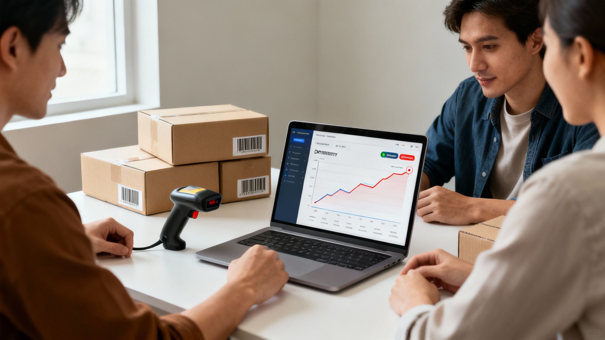 Business team collaborating on e-commerce inventory management using a laptop and scanner.