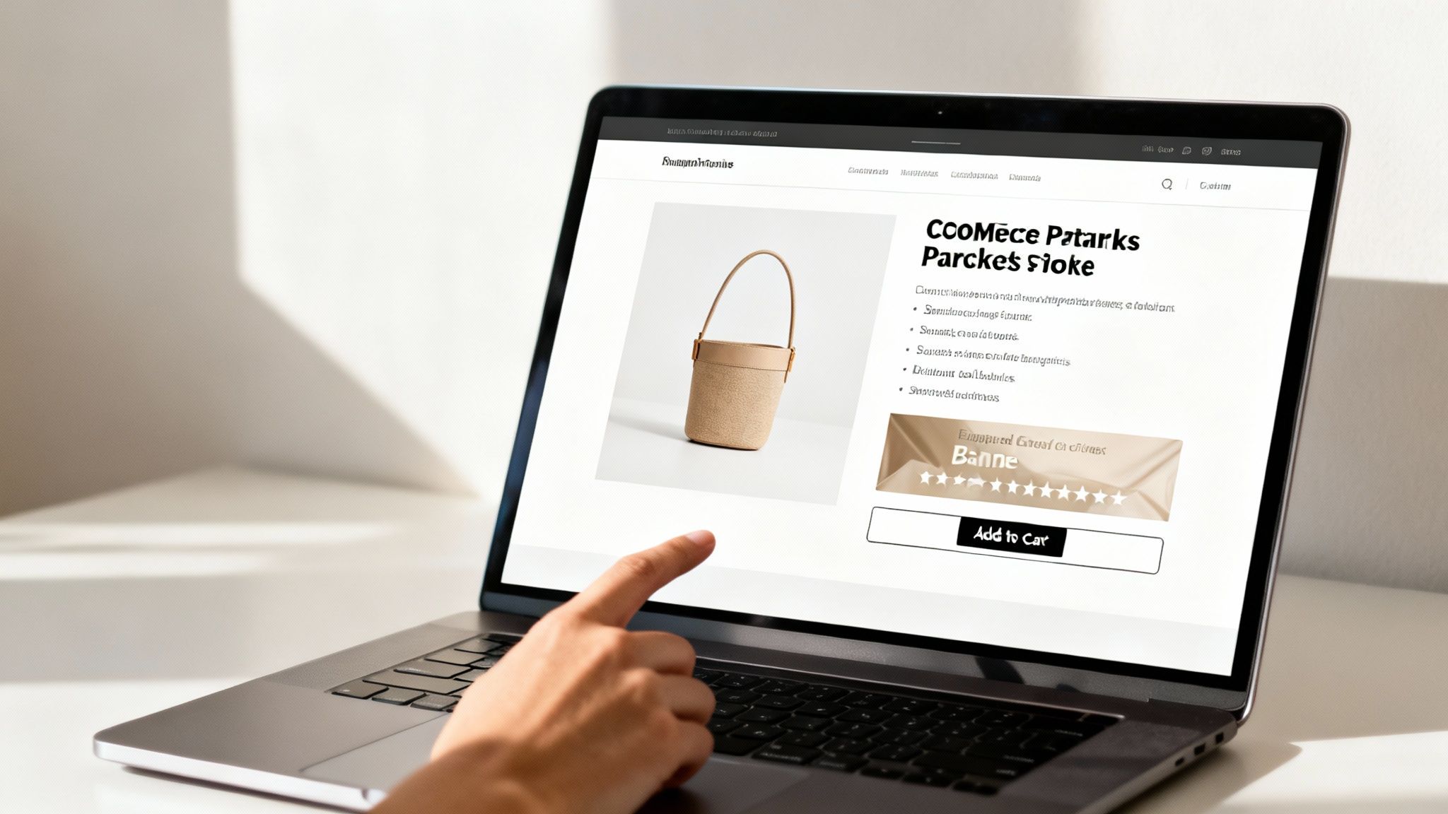 A hand points at a laptop screen displaying an e-commerce website with a beige bucket bag.