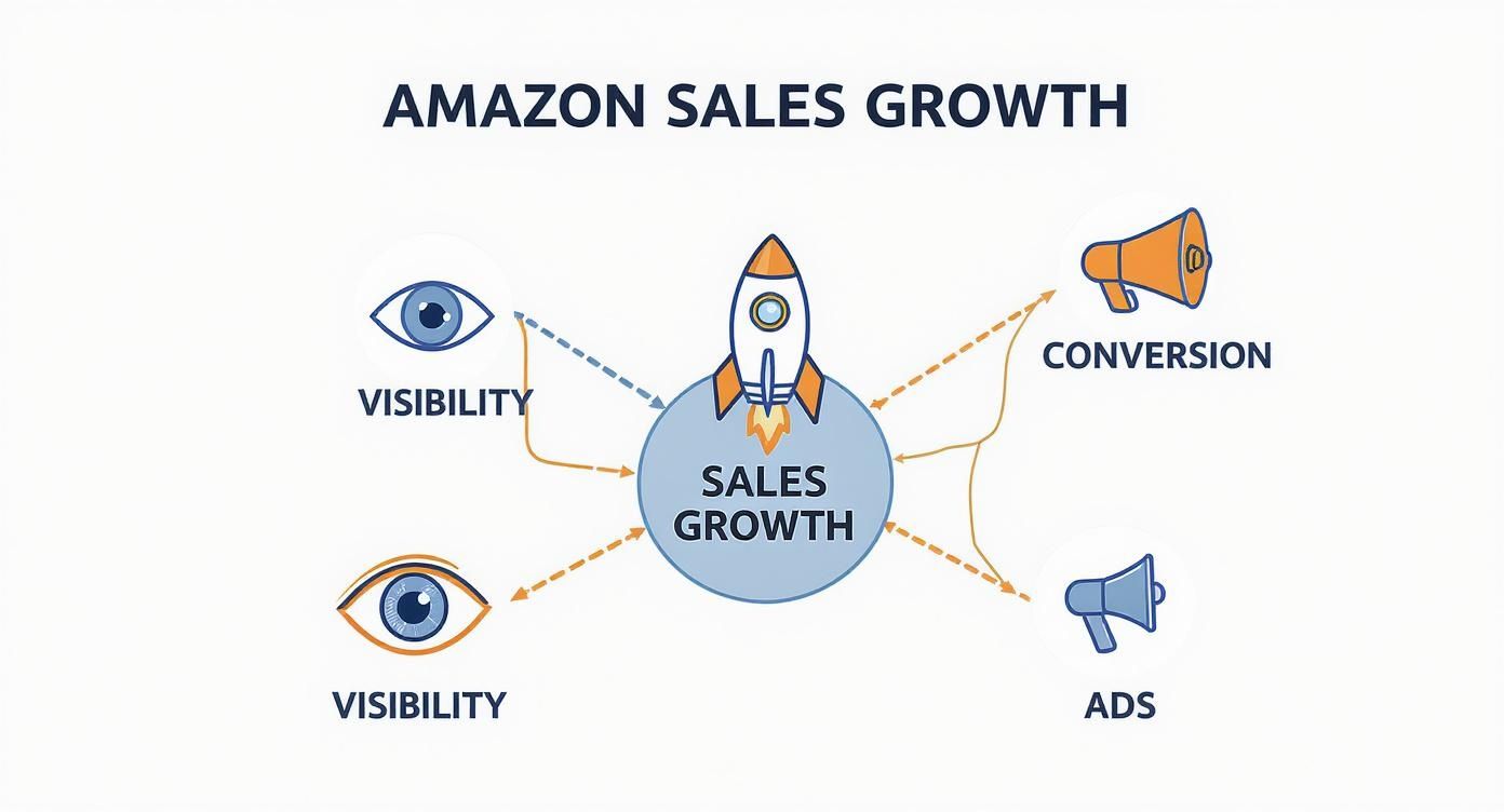 Amazon sales growth diagram showing visibility, conversion, and ads strategies connected to rocket icon