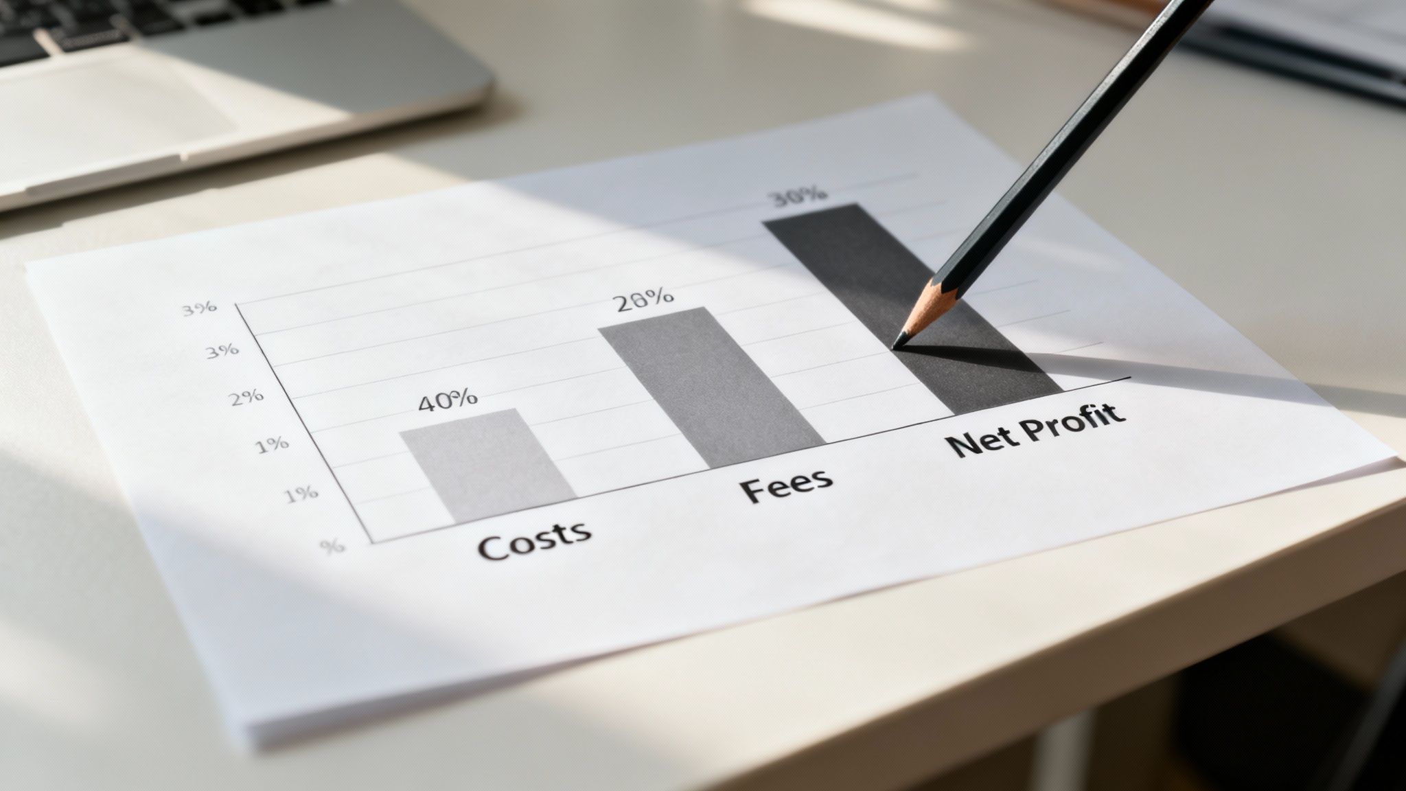 A hand with a pencil pointing at a bar chart showing costs, fees, and net profit percentages.