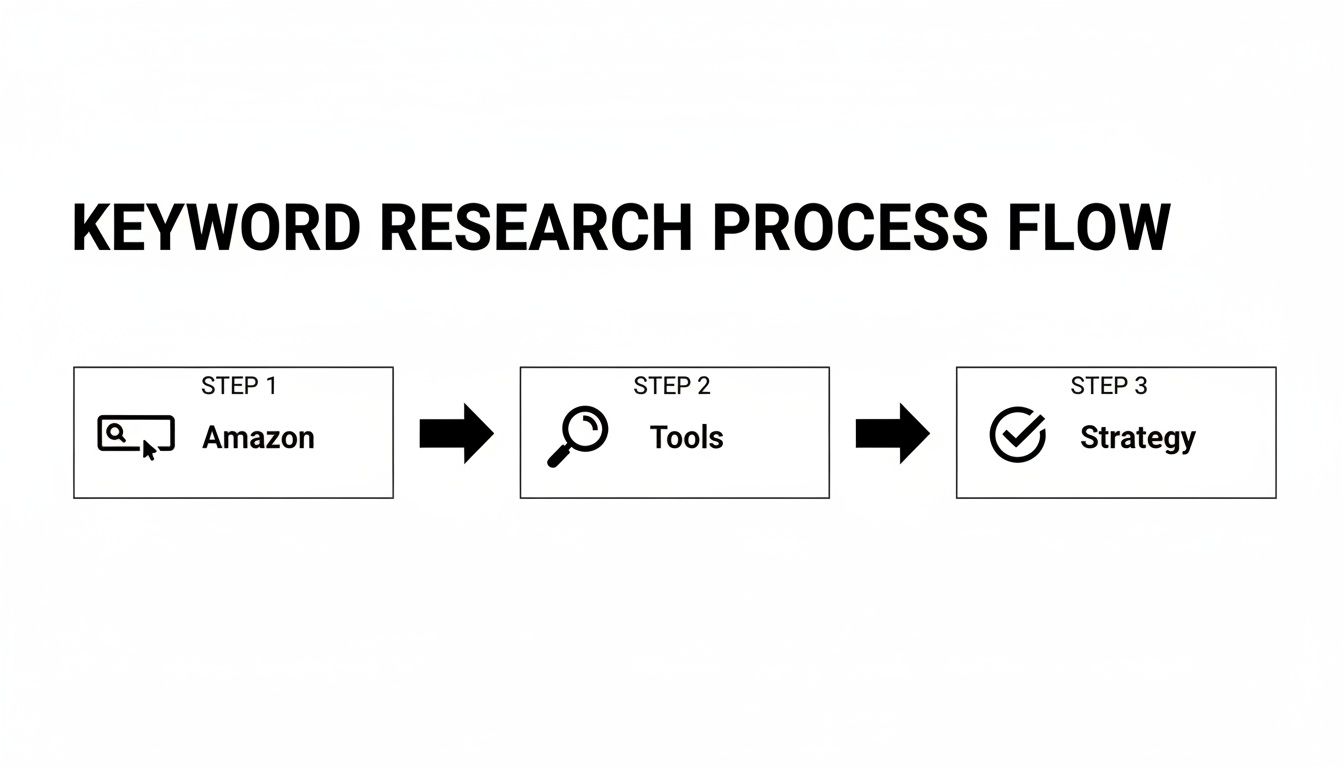 A three-step keyword research process flow diagram illustrating Amazon, tools, and strategy.