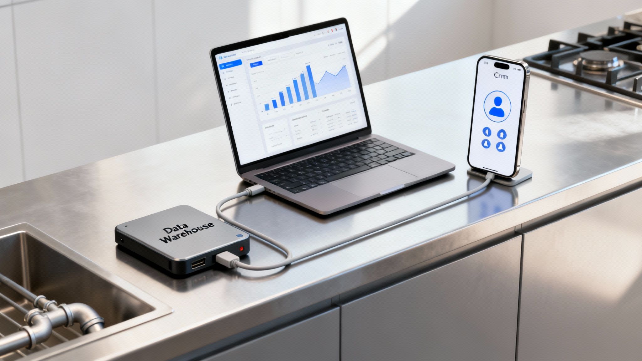 A data warehouse device connects a laptop displaying a data dashboard and a smartphone with a CRM app.