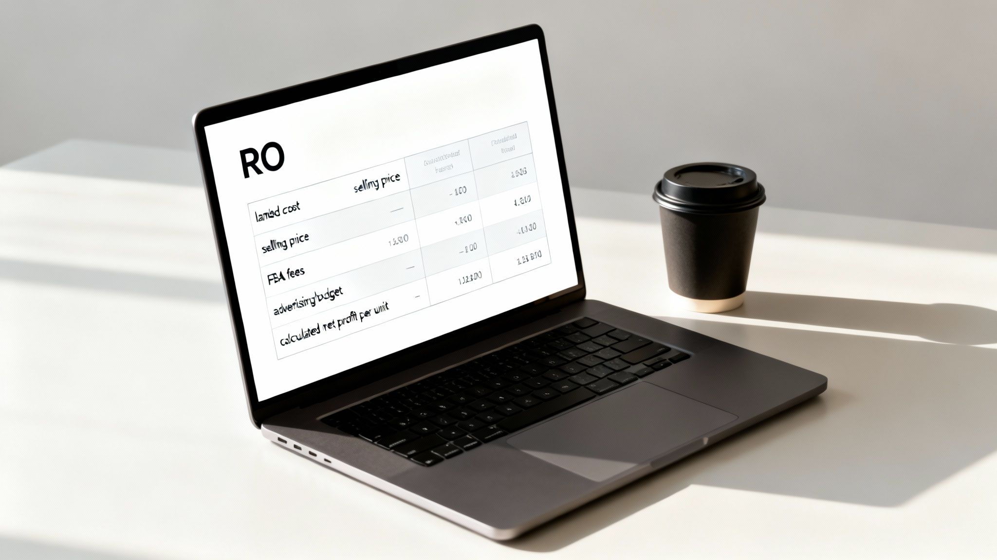 A laptop displaying a financial spreadsheet with cost and profit data for selling products. A coffee cup sits beside it.
