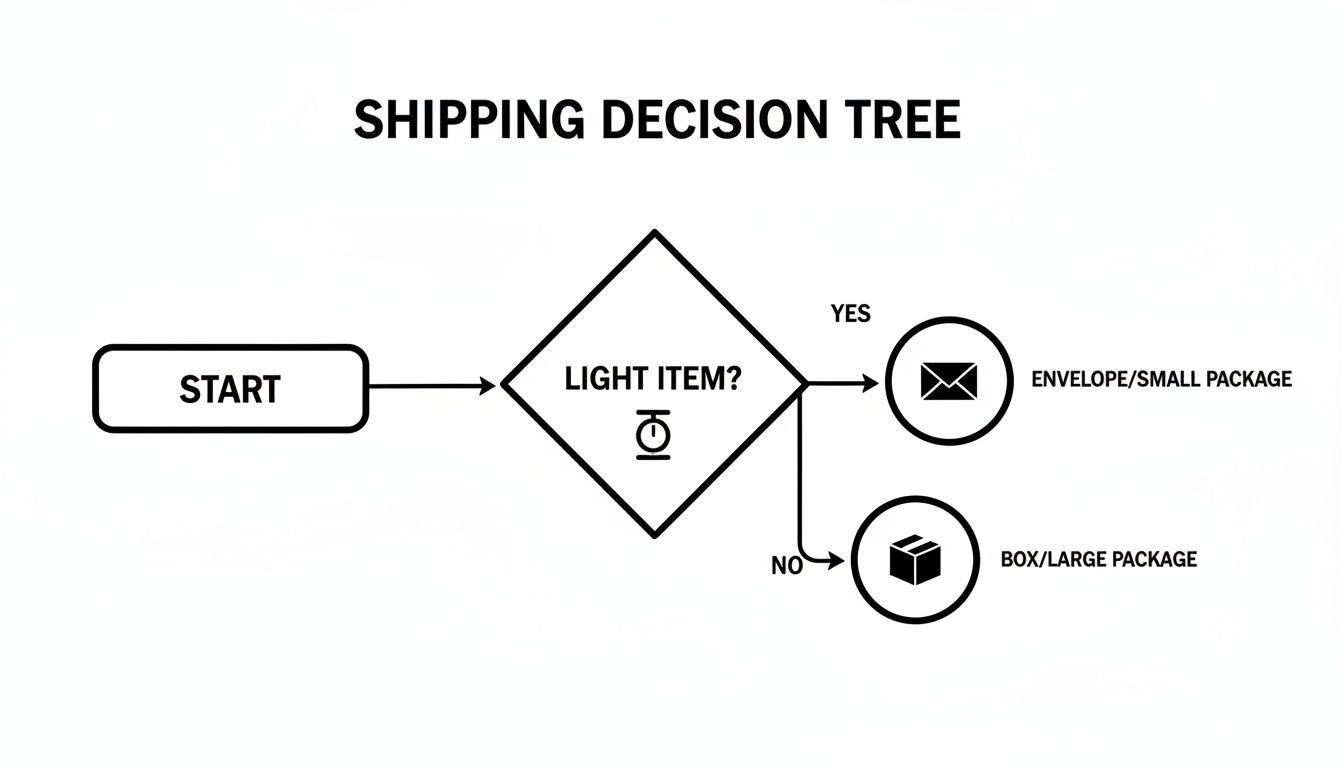 A shipping decision tree flowchart determining if an item is light for small or large packaging.