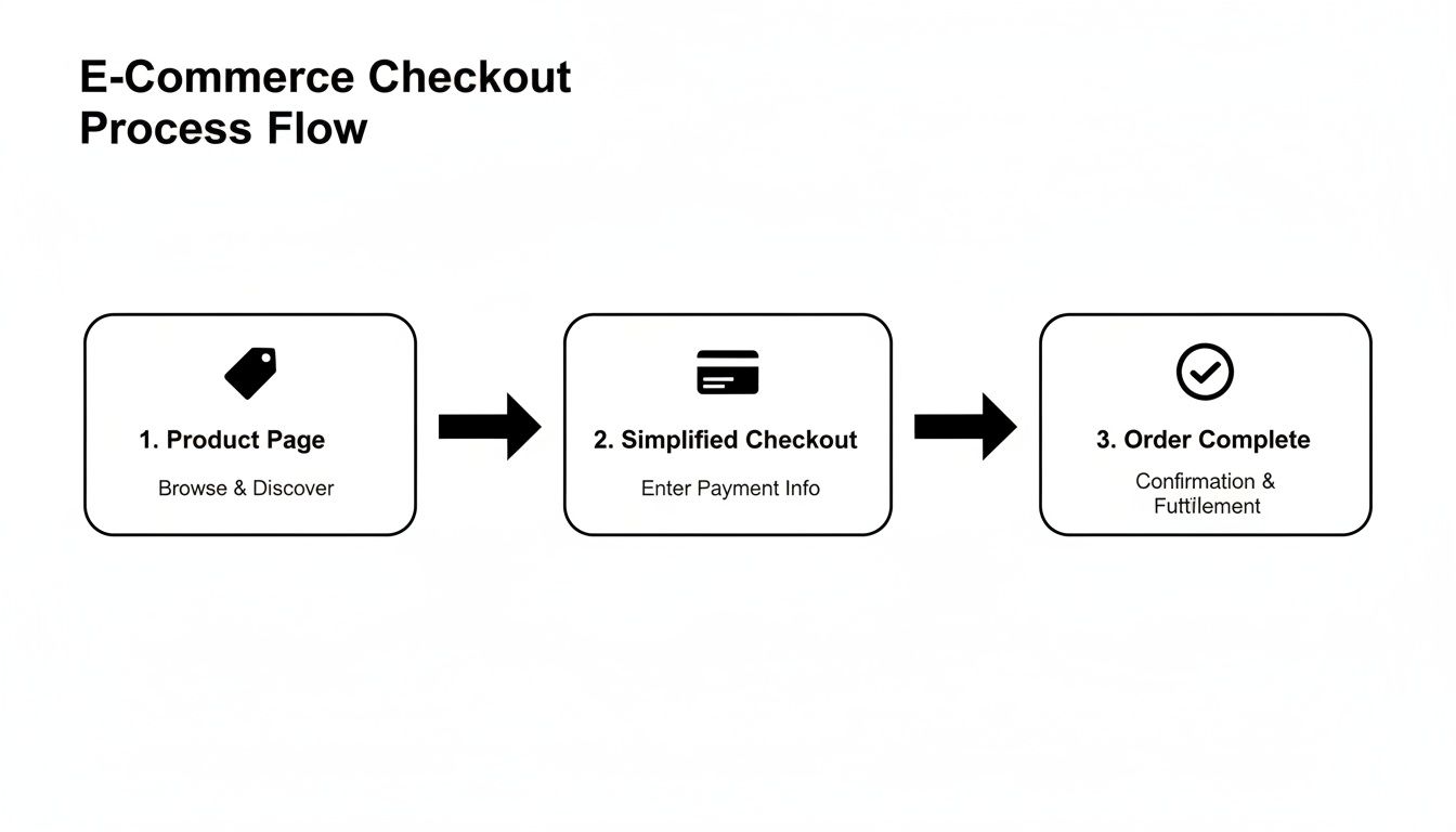 E-commerce checkout process flow showing product page, simplified checkout, and order complete steps.