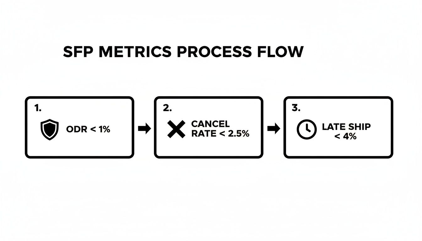 A diagram illustrating the SFP metrics process flow with ODR, cancel rate, and late ship requirements.