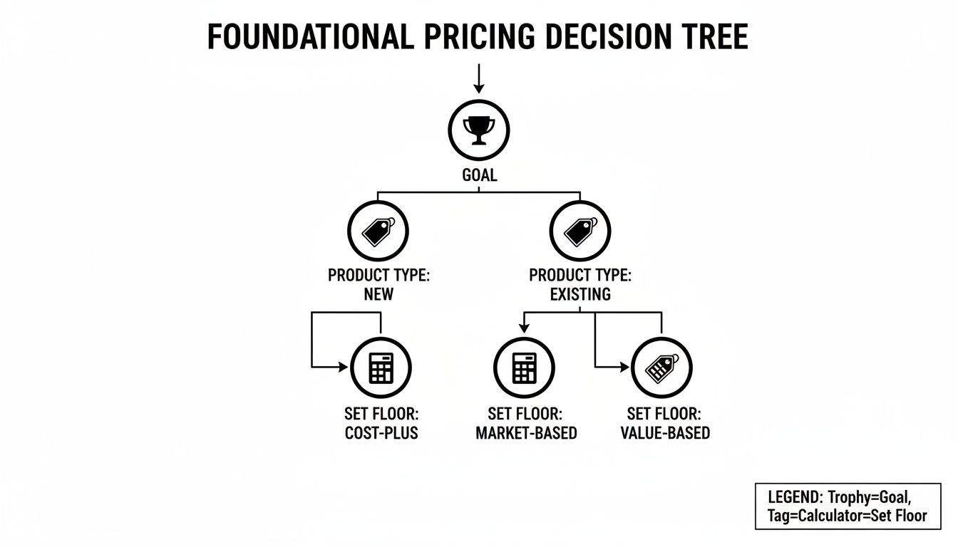 A foundational pricing decision tree flowchart illustrating steps from goal to setting price floors based on product type.