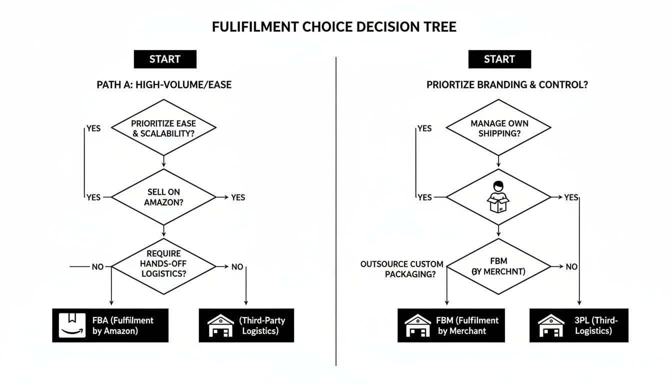 A fulfillment choice decision tree illustrating options like FBA, FBM, and 3PL based on business priorities.