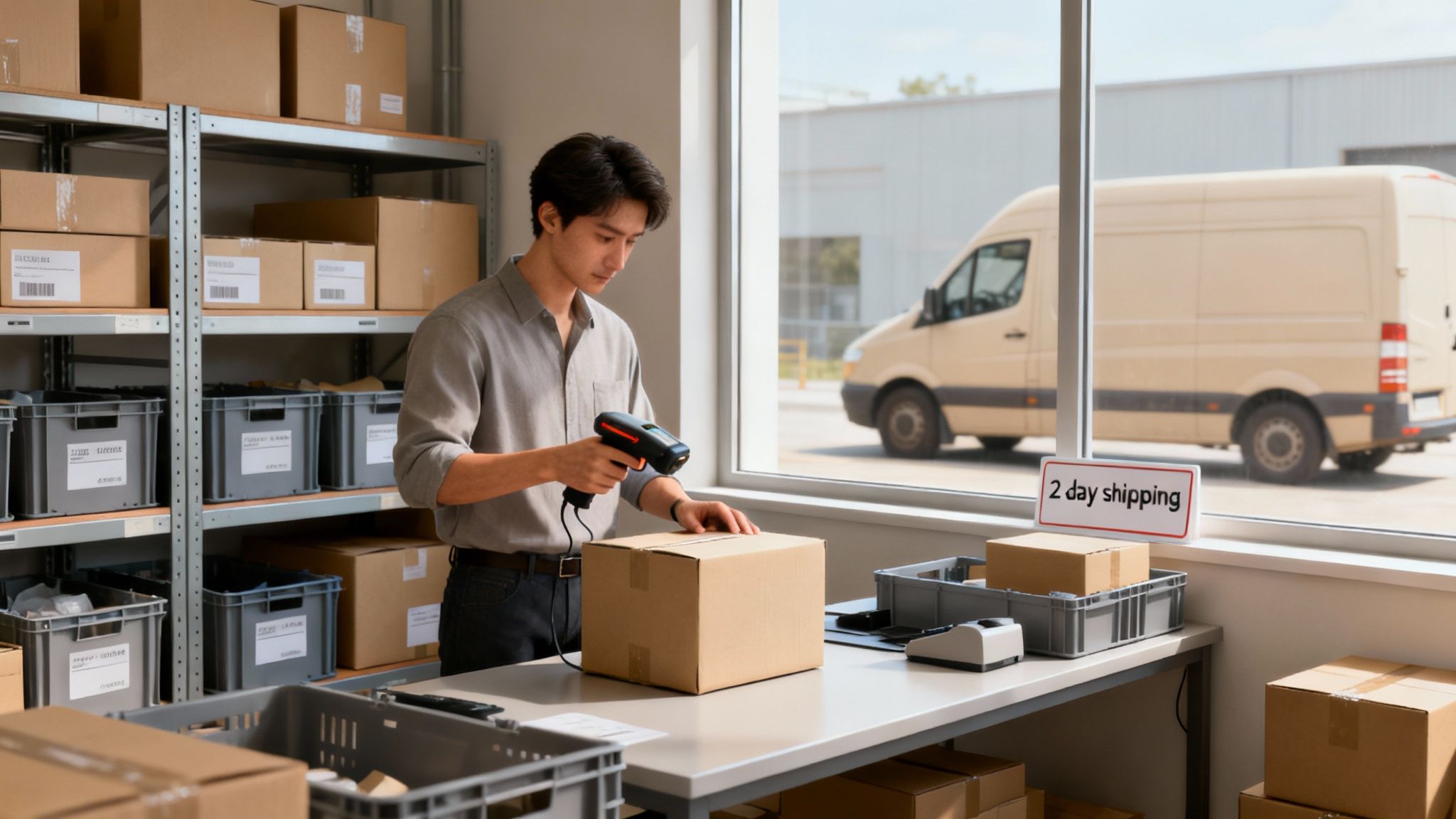 A man scans a package in a fulfillment center, surrounded by boxes and shelves, with a delivery van visible outside.