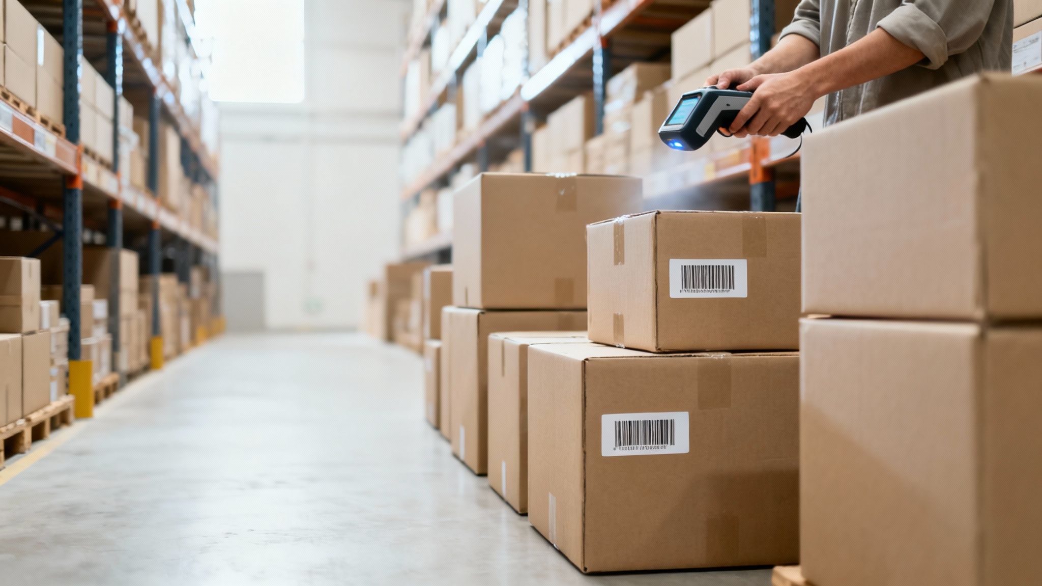 A person in a warehouse scans barcodes on cardboard boxes, managing inventory for shipping.