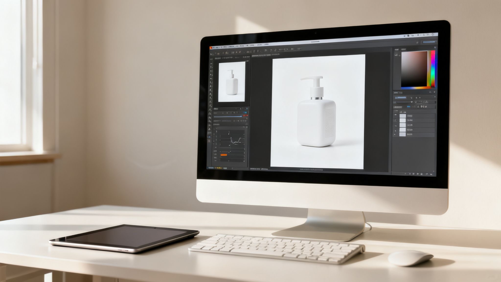 A computer monitor displays a white pump bottle in photo editing software, with a tablet, keyboard, and mouse on a desk.