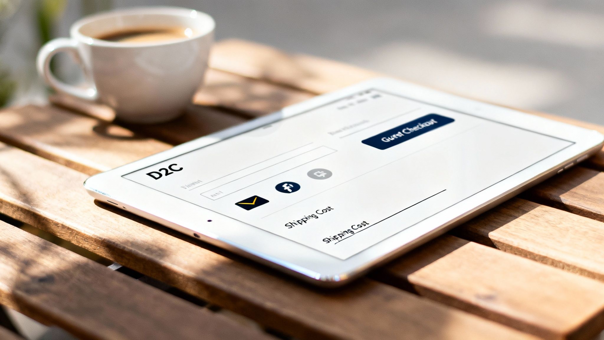 A tablet on a wooden table displaying a D2C e-commerce checkout page with a guest checkout option.