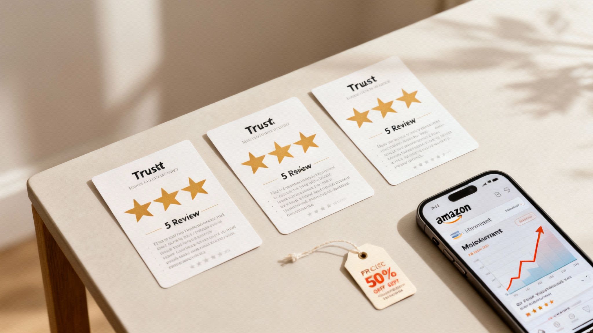 Cards showing customer reviews, a 50% off tag, and a phone displaying Amazon sales growth.