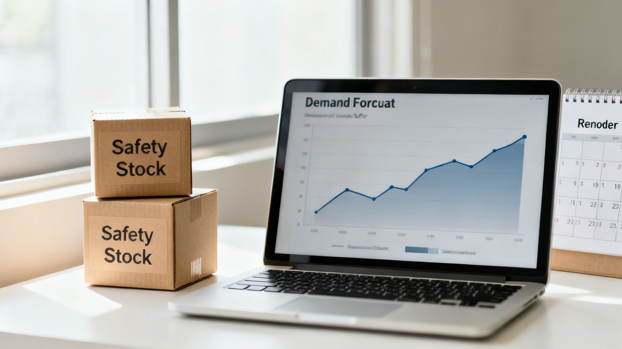 A laptop displays a demand forecast graph, next to two boxes labeled 'Safety Stock' and a calendar.