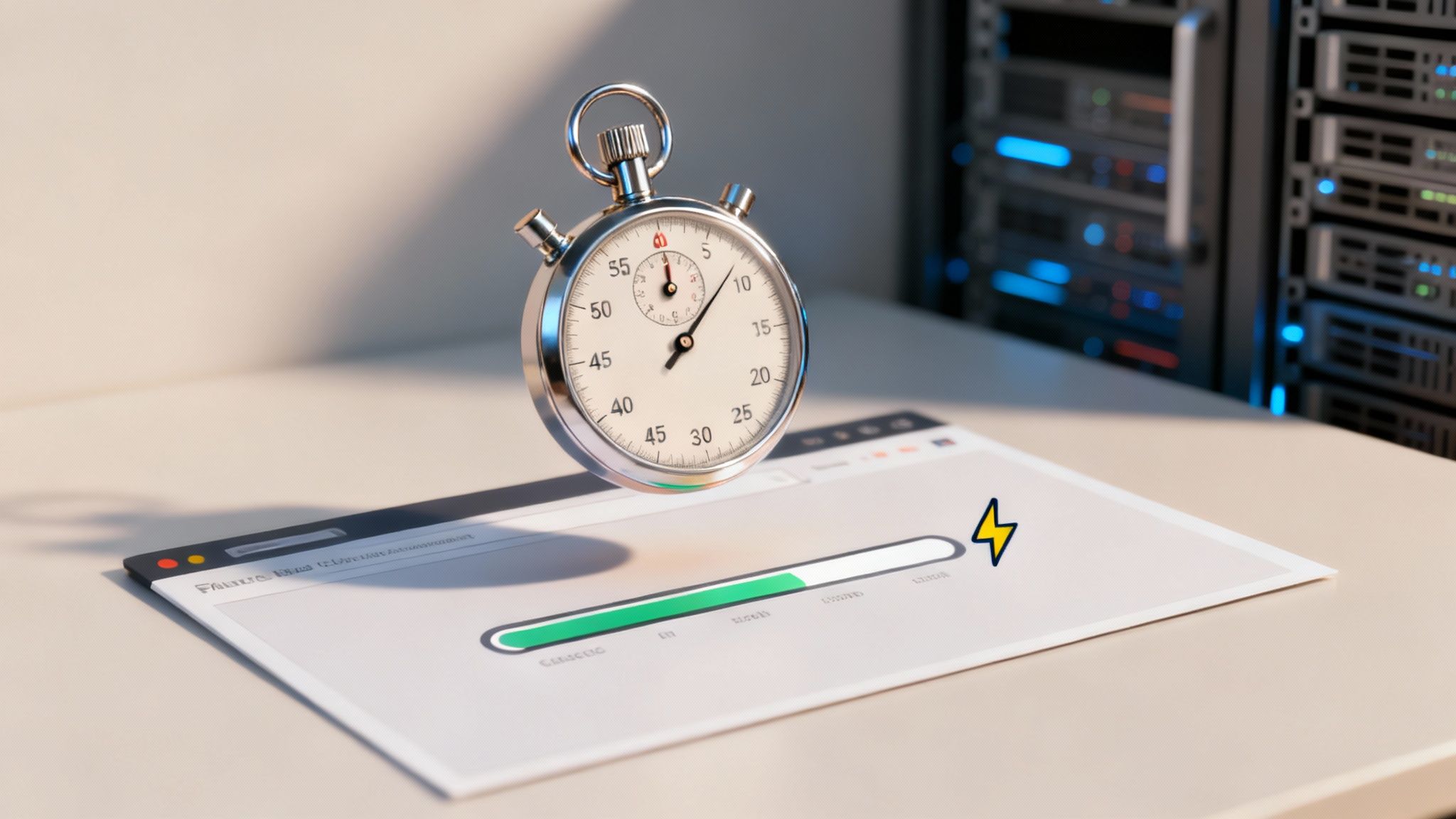 A stopwatch floats above a browser with a fast loading bar, with server racks in the background, signifying website speed.