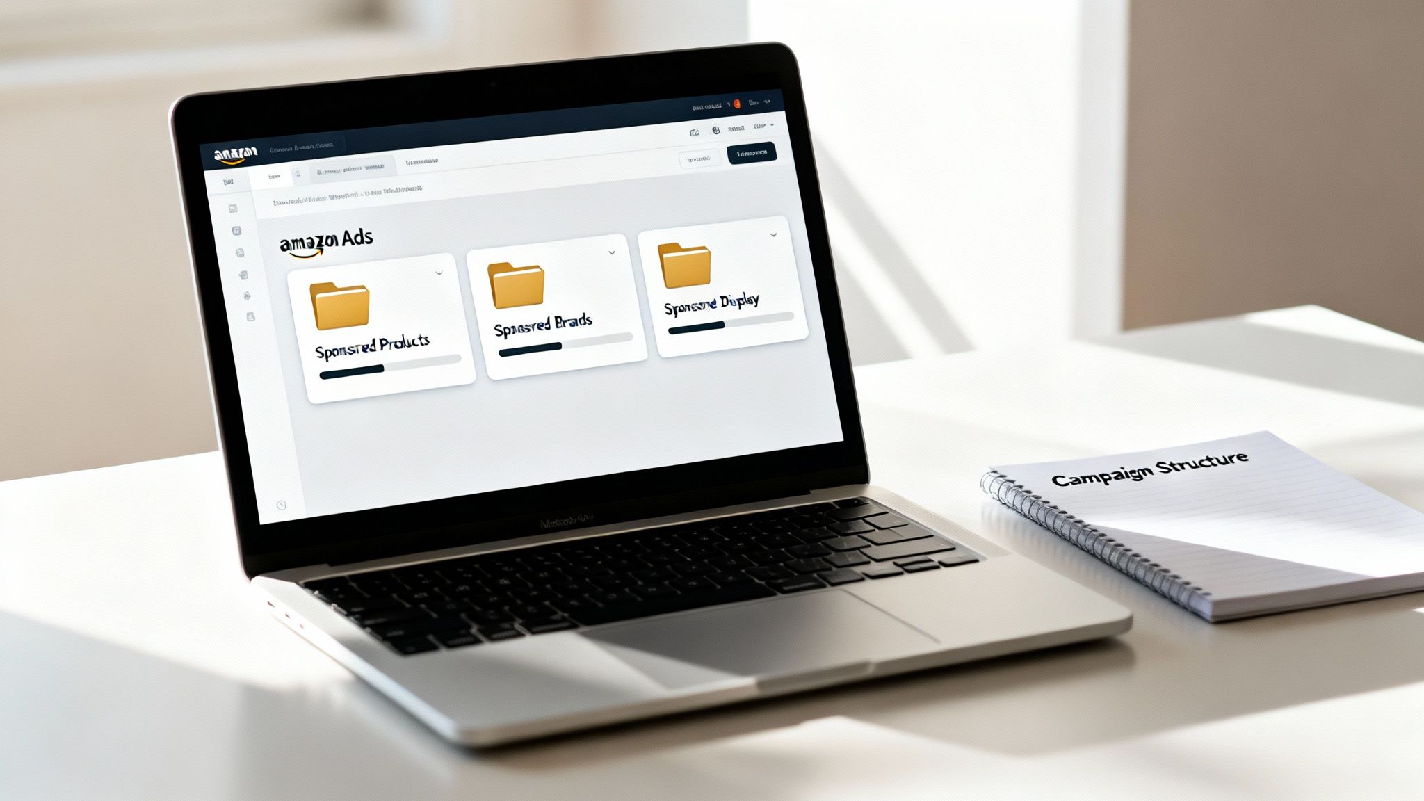 A laptop displays Amazon Ads interface showing Sponsored Products, Brands, and Display options, next to a 'Campaign Structure' notebook.
