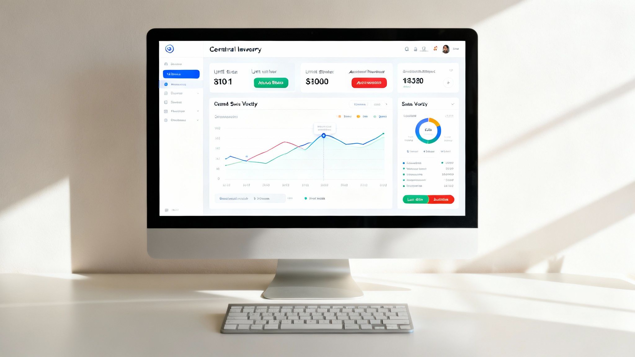 A data analytics dashboard on a tablet showing charts and graphs related to sales and inventory performance, held by a person in a modern office setting.