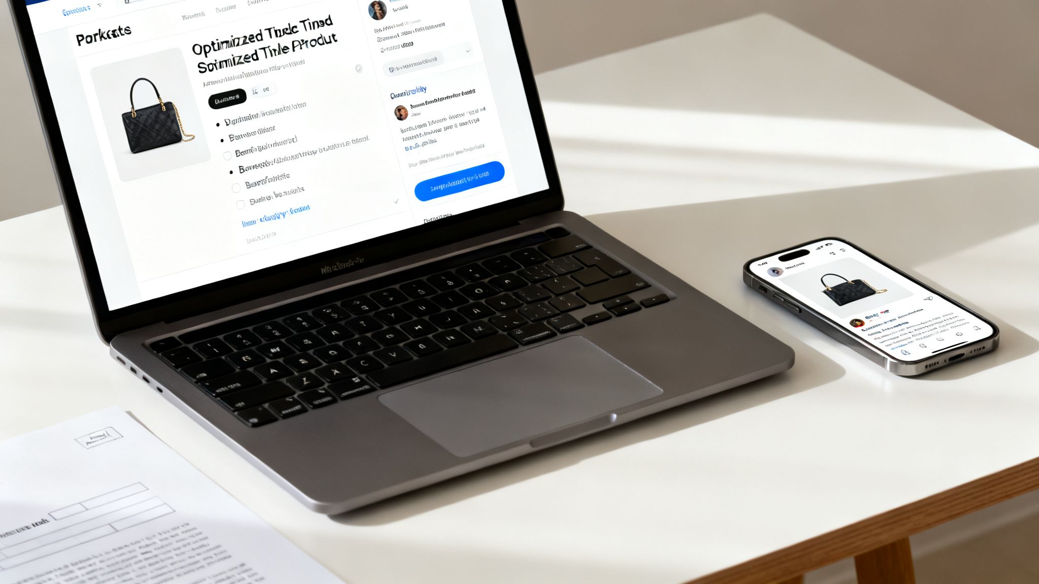A laptop and a smartphone display a product page for a black quilted handbag on a white desk.