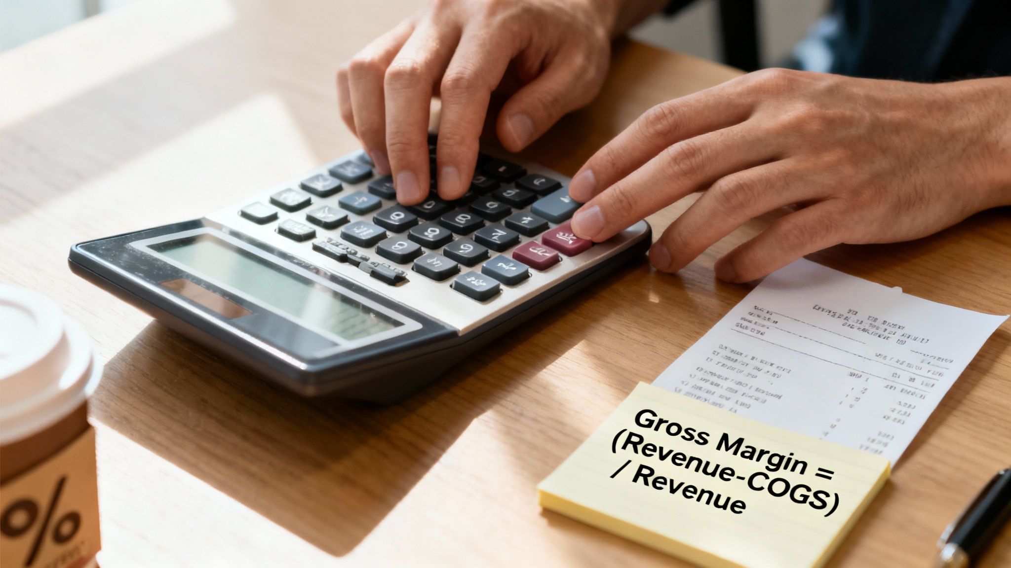 Person's hands using a calculator on a wooden desk, next to a receipt and a sticky note explaining gross margin.