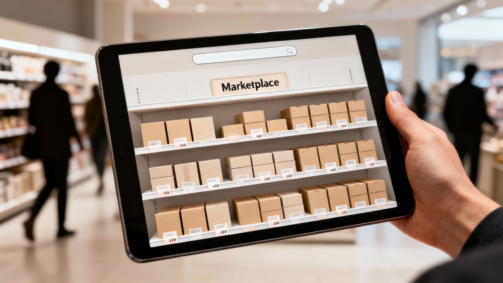 Hand holding a tablet displaying an online marketplace with shelves of boxed products and prices, set in a blurred store.