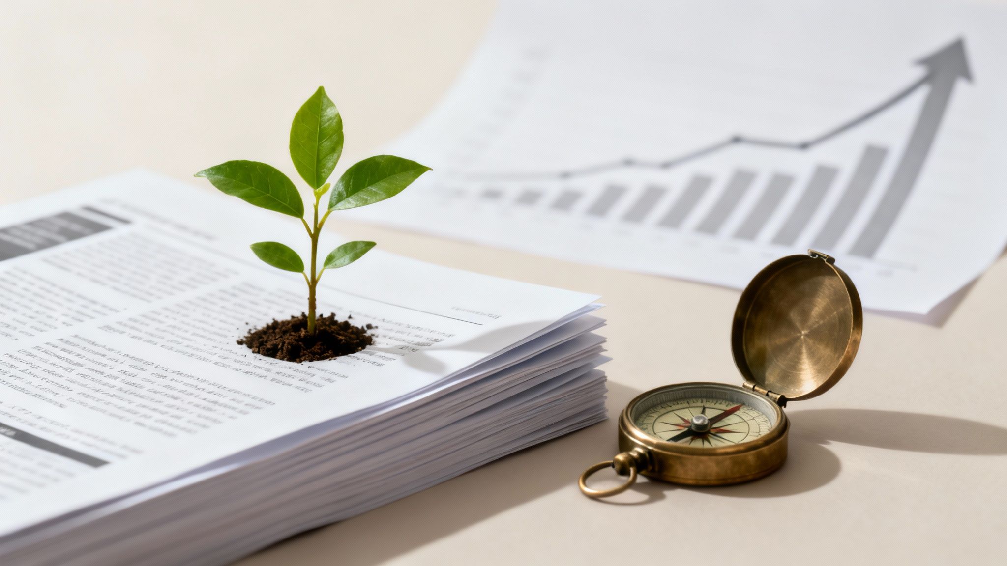 A small green plant growing from a stack of business papers, alongside a compass and growth chart.
