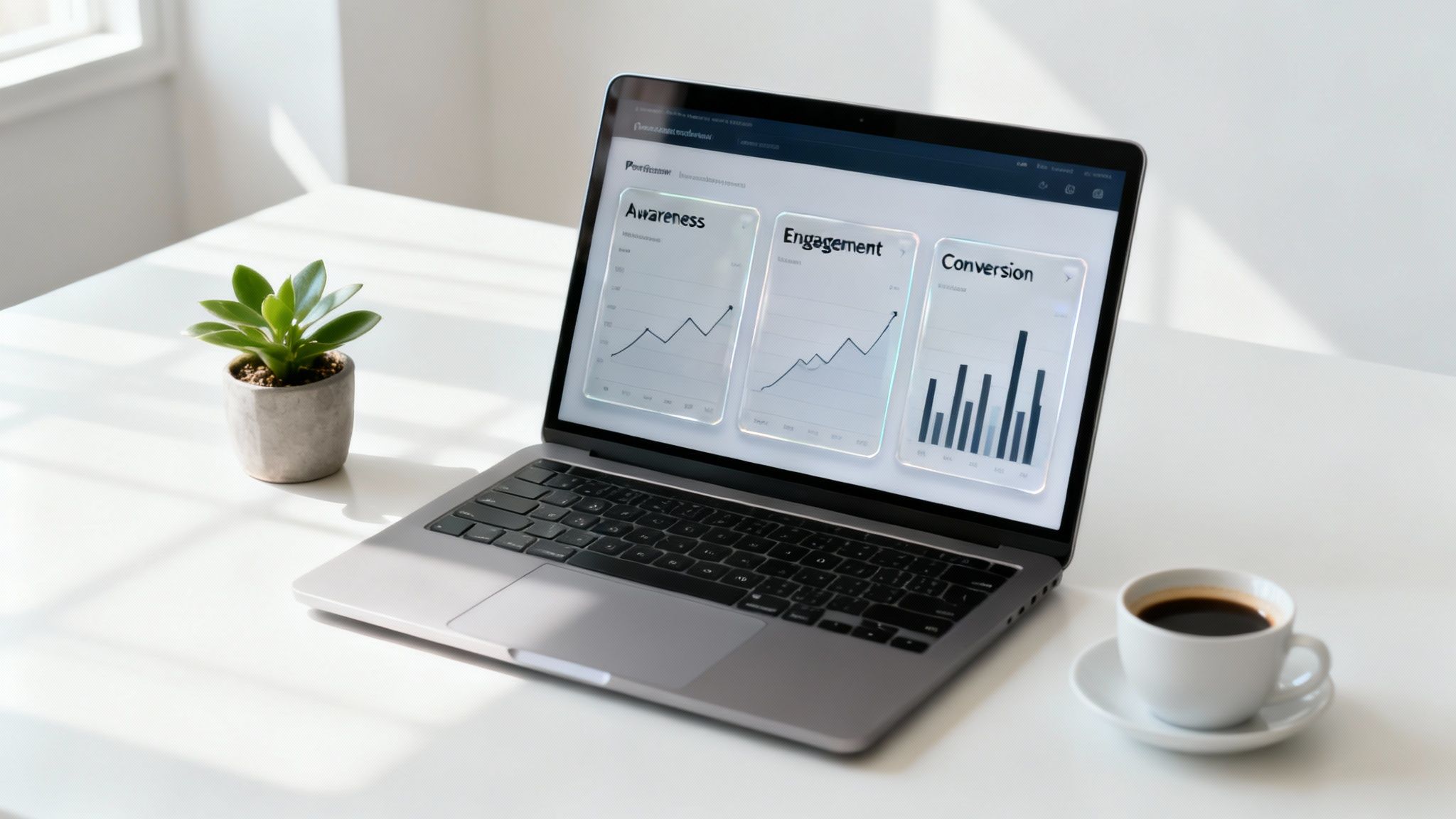 A laptop displaying a digital marketing analytics dashboard on a white desk with a plant and coffee.