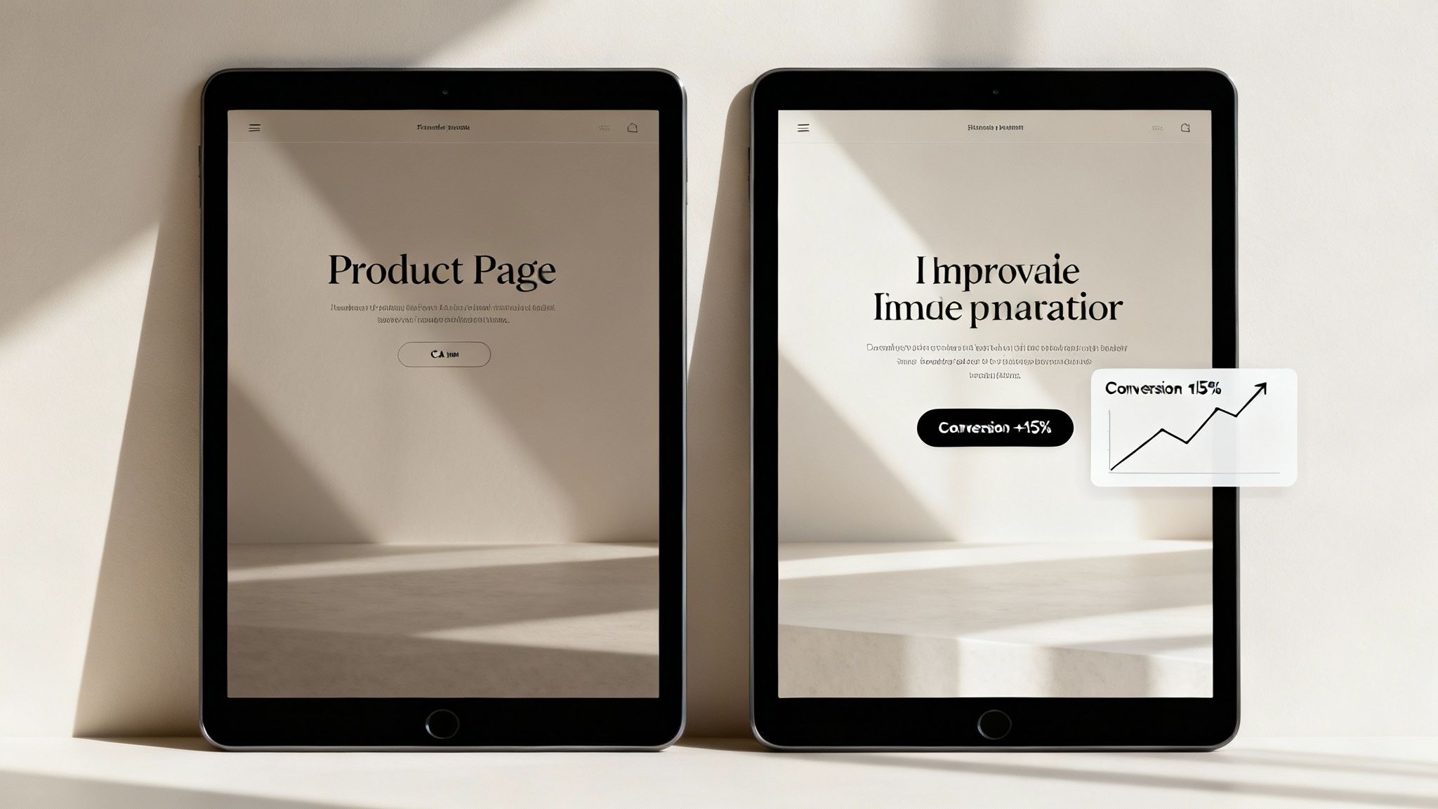 Three different mobile screens showing A/B test variations of a call-to-action button, with analytics icons floating around them.