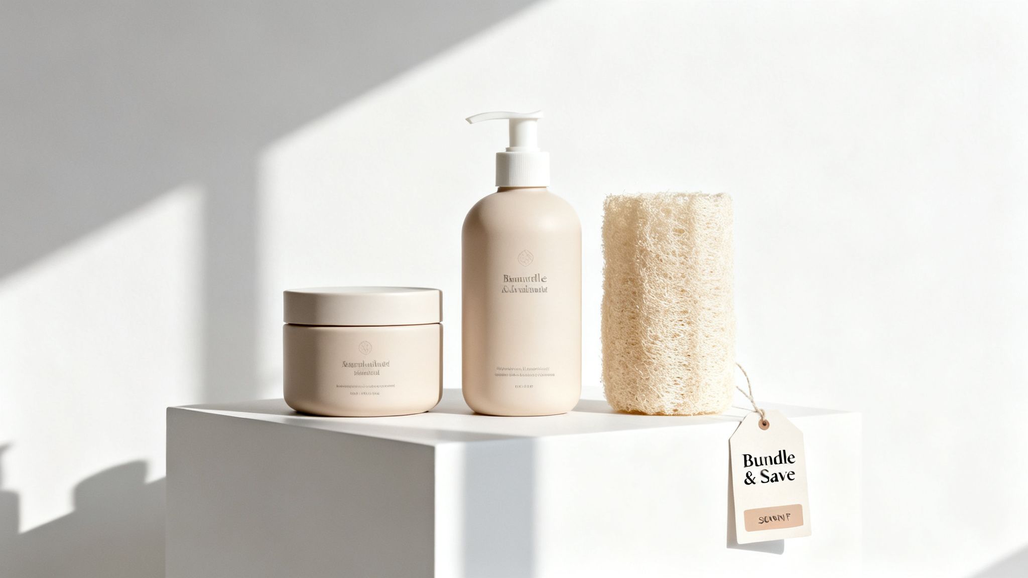 Three natural skincare products, including lotion, body cream, and a loofah, with a 'Bundle & Save' tag.