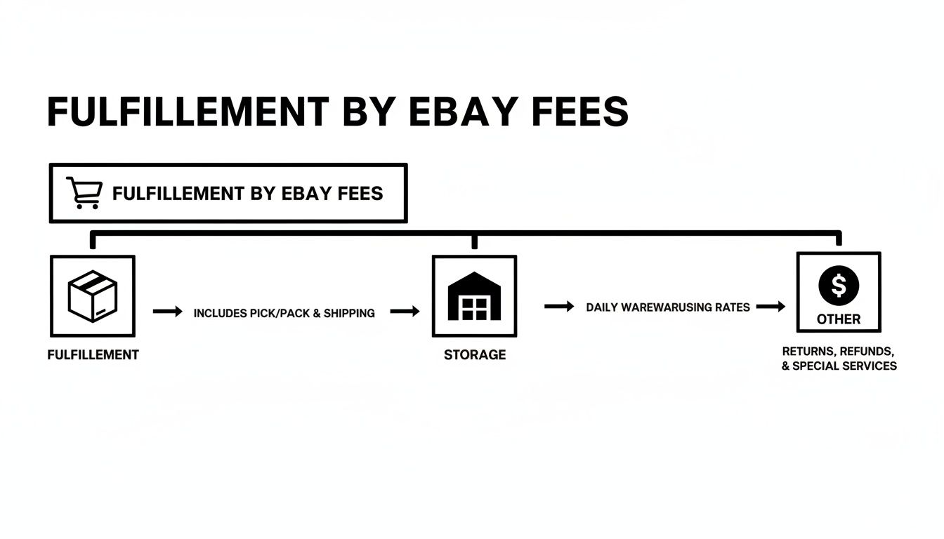 Diagram illustrating Fulfillment by eBay fees, detailing costs for fulfillment, storage, and other services like returns and refunds.