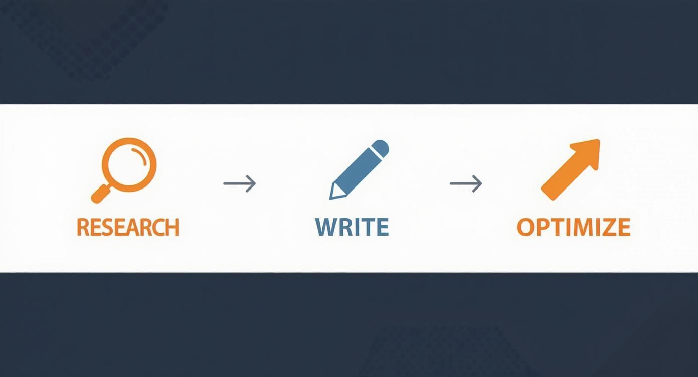 Workflow diagram showing sequential steps: Research with a magnifying glass, Write with a pencil, and Optimize with an upward arrow.